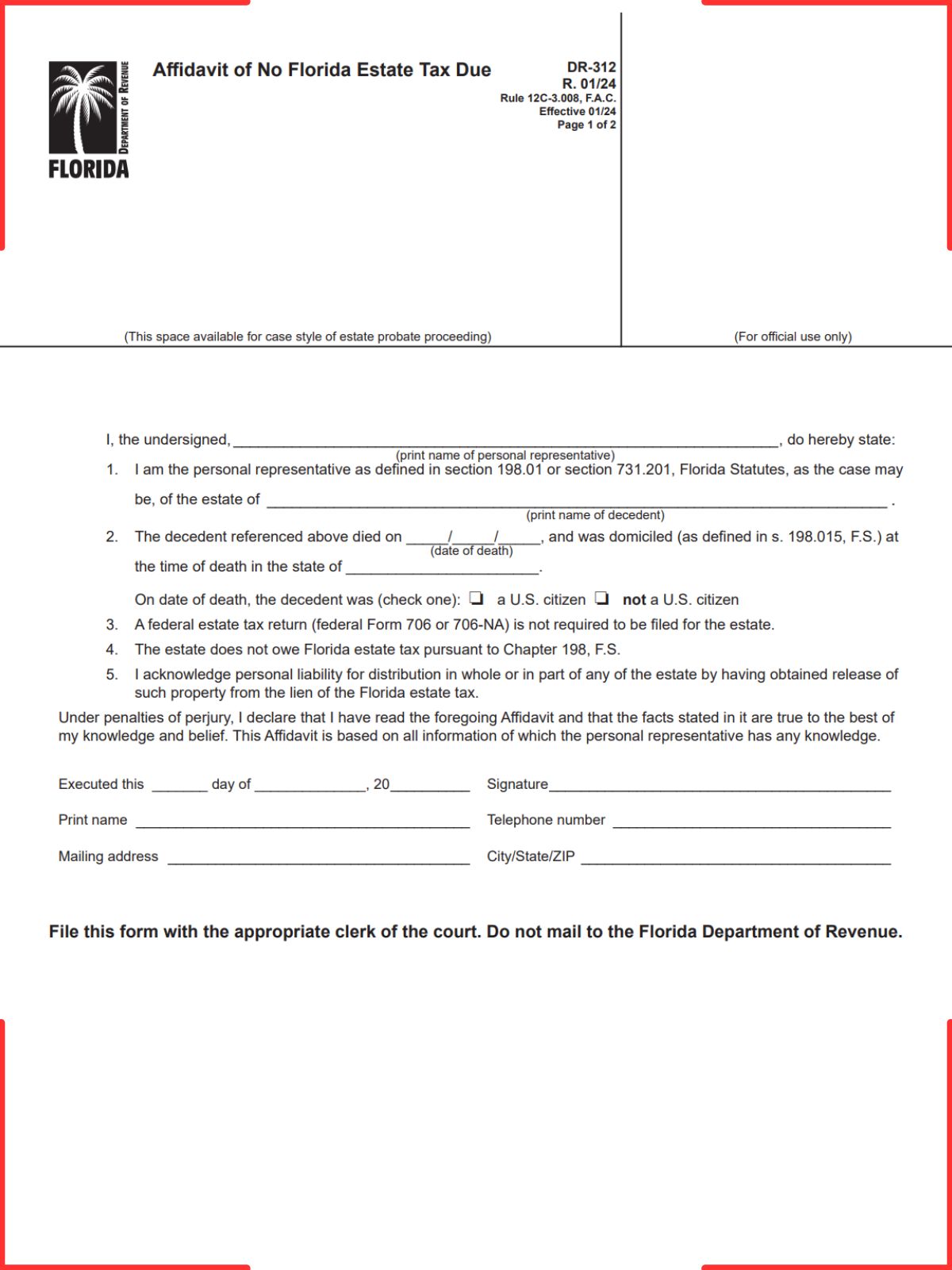 Affidavit of No Florida Estate Tax Due