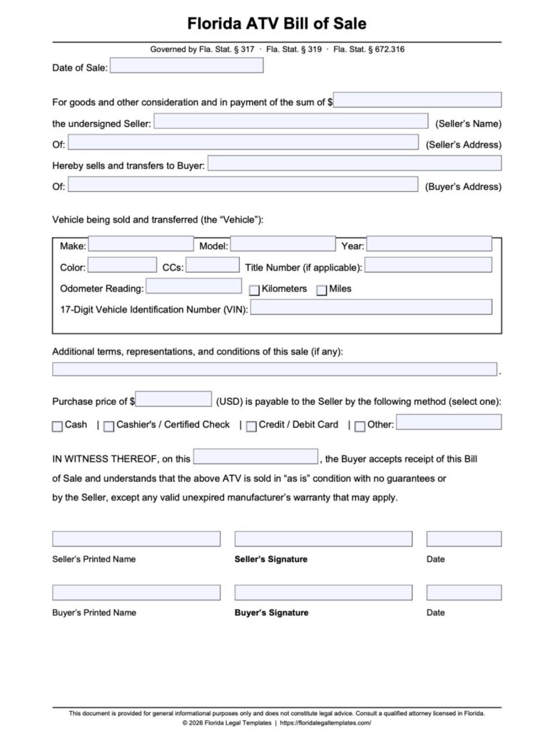 Florida ATV Bill of Sale