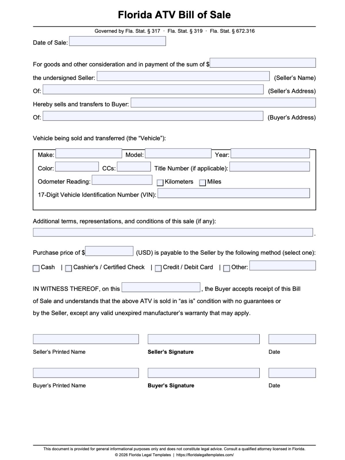 Florida ATV Bill of Sale
