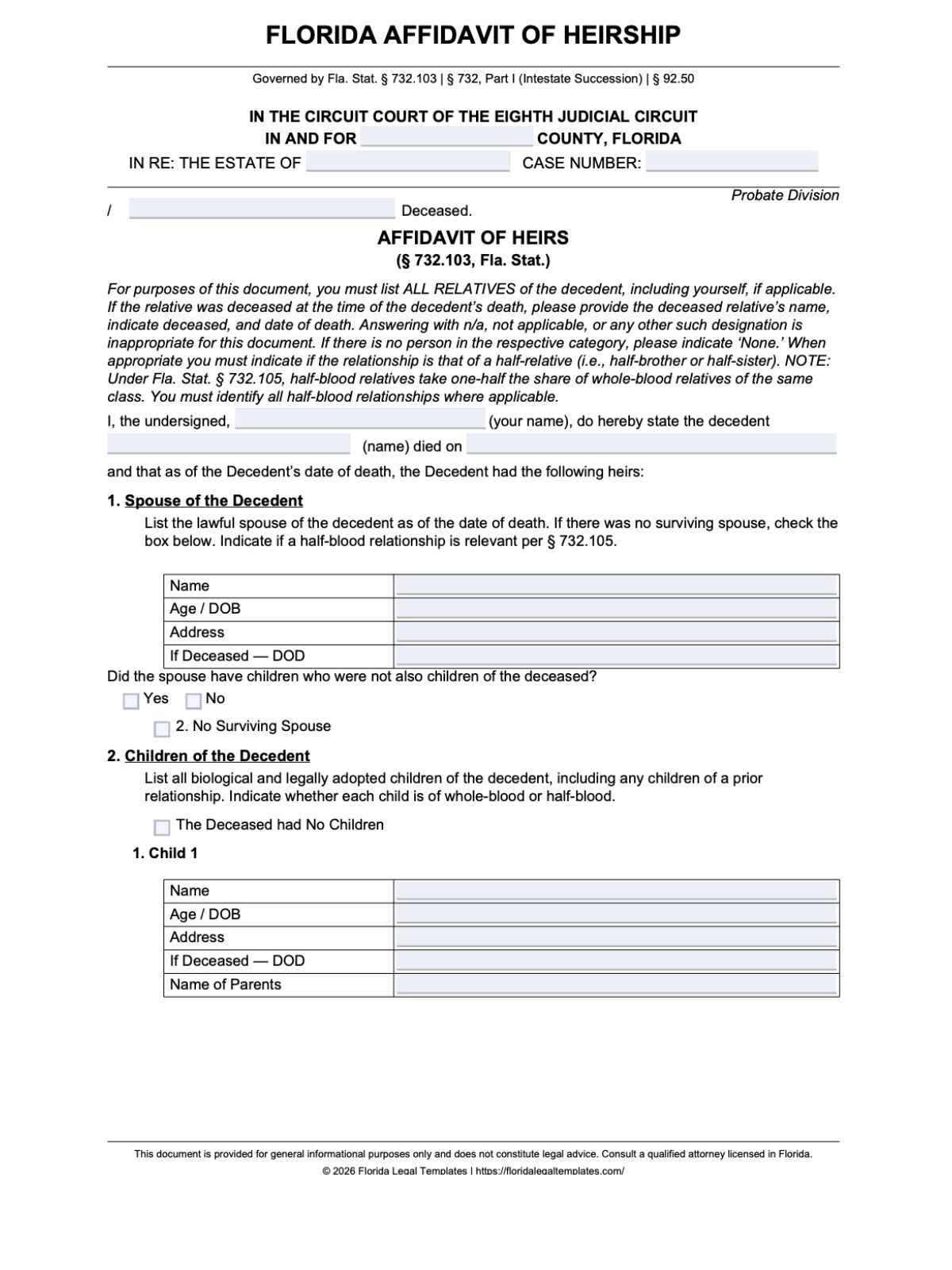 Florida Affidavit of Heirship