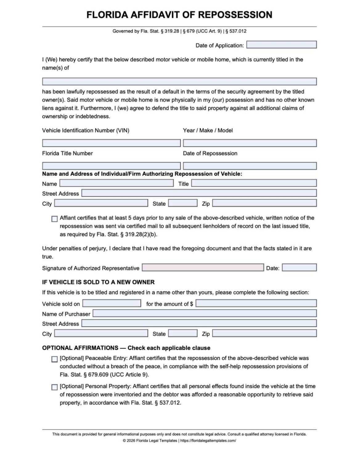 Florida Affidavit of Repossession [Free Printable, Fillable PDF ...
