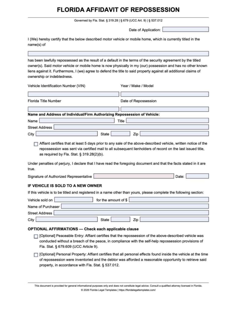 Florida Affidavit of Repossession