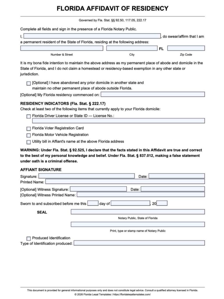 Florida Affidavit of Residency