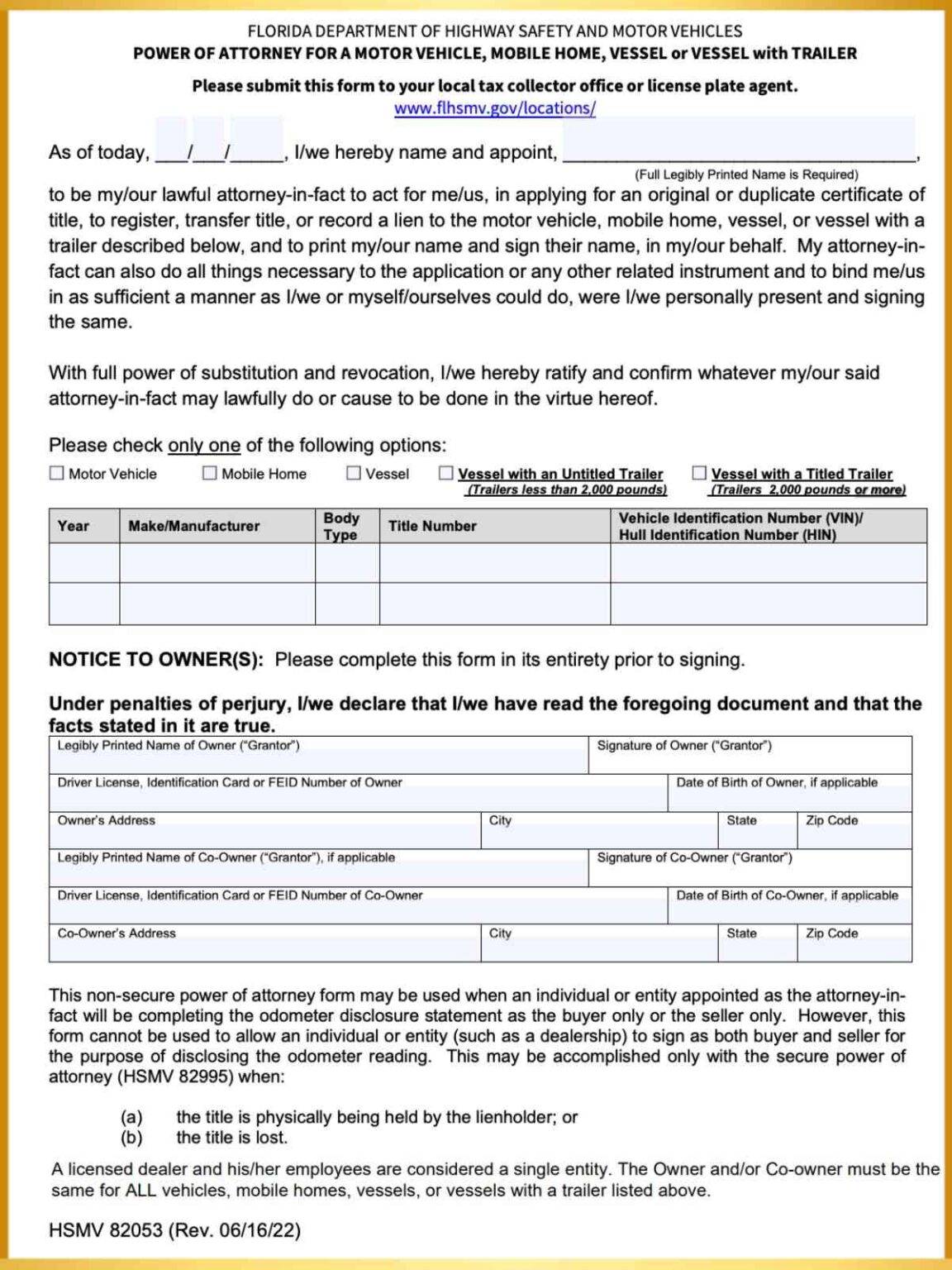 Florida DMV Power of Attorney [Free HSMV 82053 Fillable PDF] - Florida ...