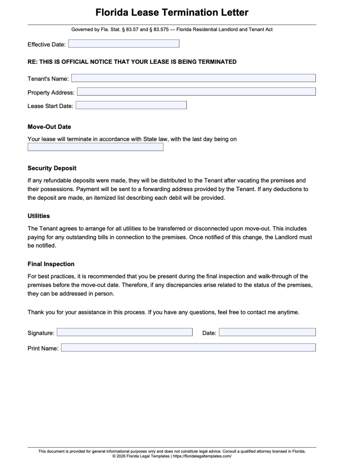 Florida Lease Termination Letter