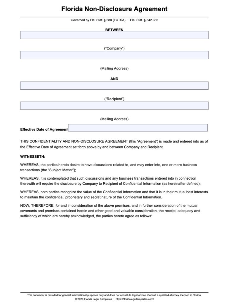 Florida Non Disclosure Agreement