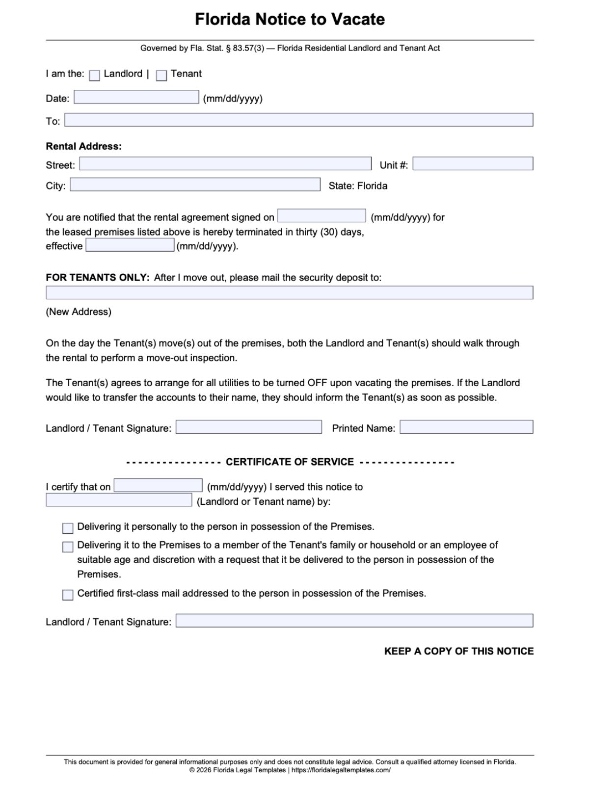 Florida Notice to Vacate