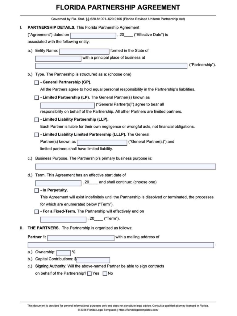 Florida Partnership Agreement