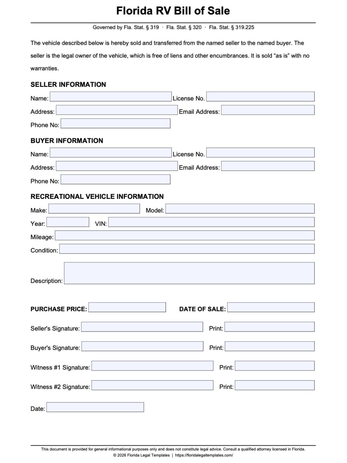 Florida RV Bill of Sale