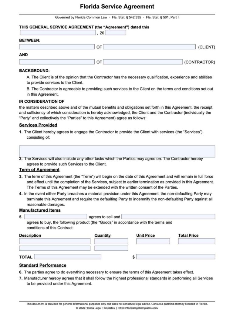 Florida Service Agreement