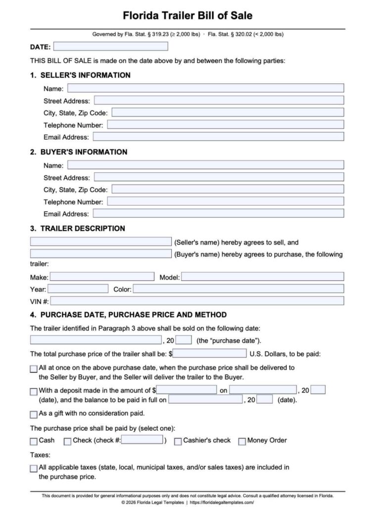 Florida Trailer Bill of Sale