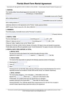 Short Term Rental (Vacation) Agreement Florida [PDF Template] - Florida ...
