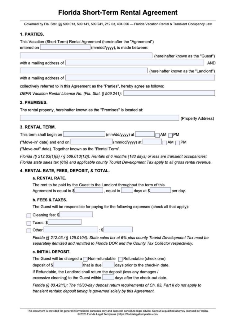 Short Term Rental Agreement Florida
