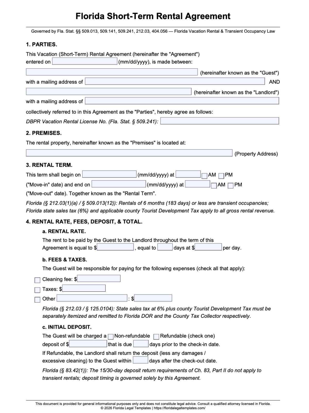 Short Term Rental Agreement Florida