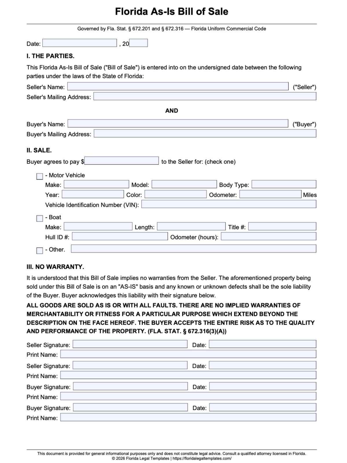 Florida As Is Bill of Sale