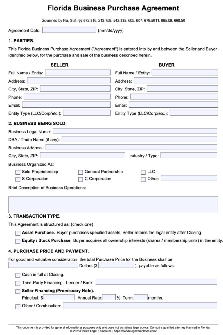 Florida Business Purchase Agreement
