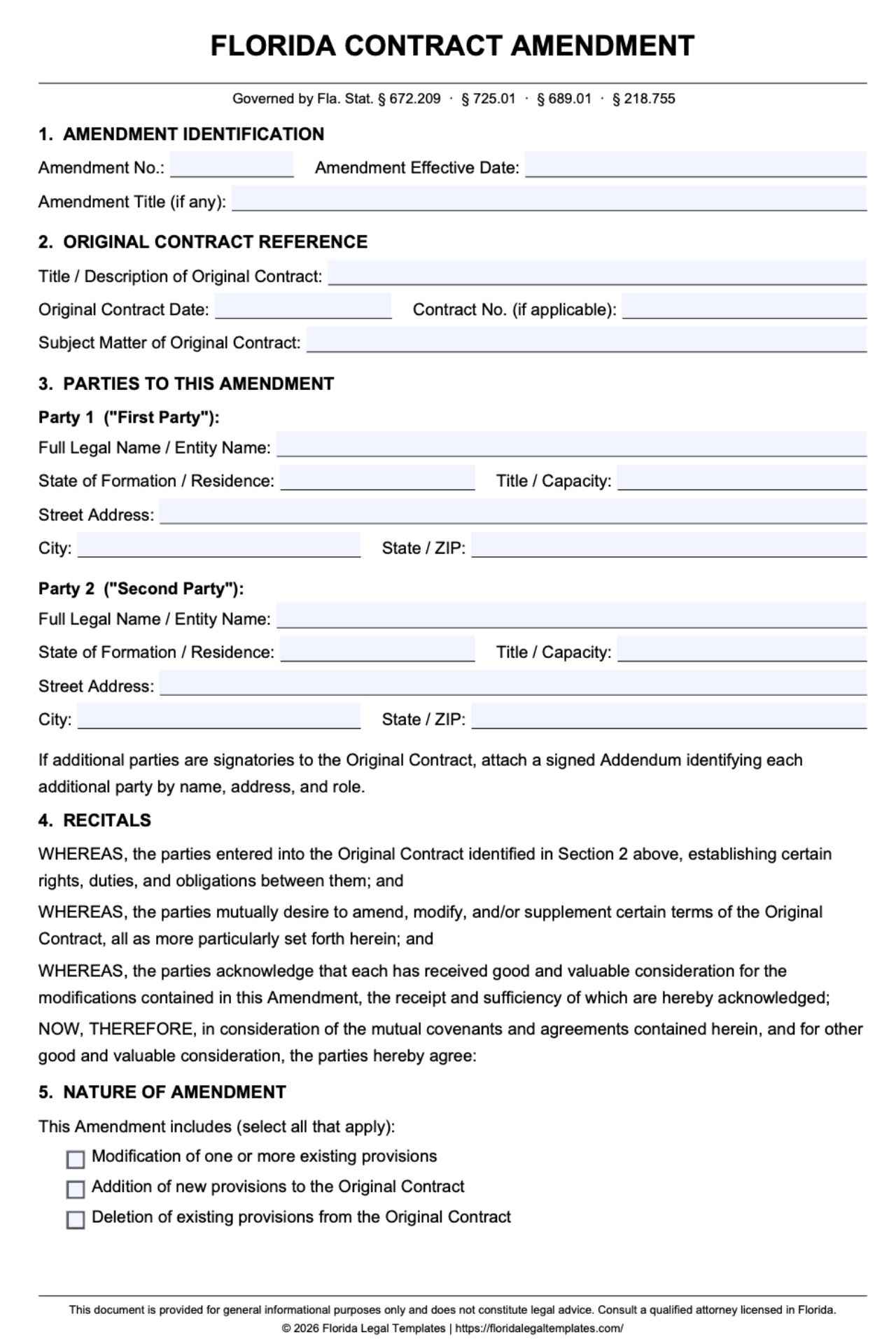 Florida Contract Amendment