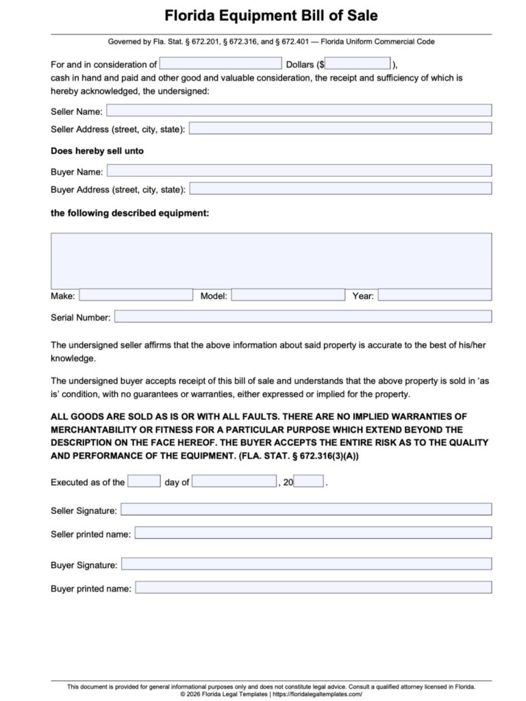 Florida Equipment Bill of Sale