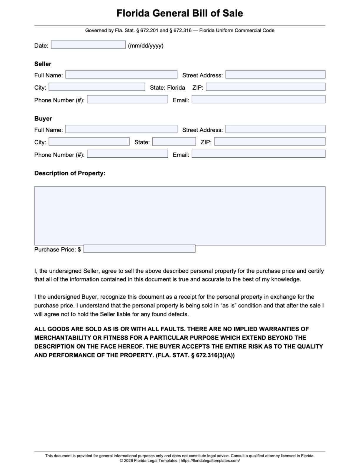 Florida Generic Bill of Sale