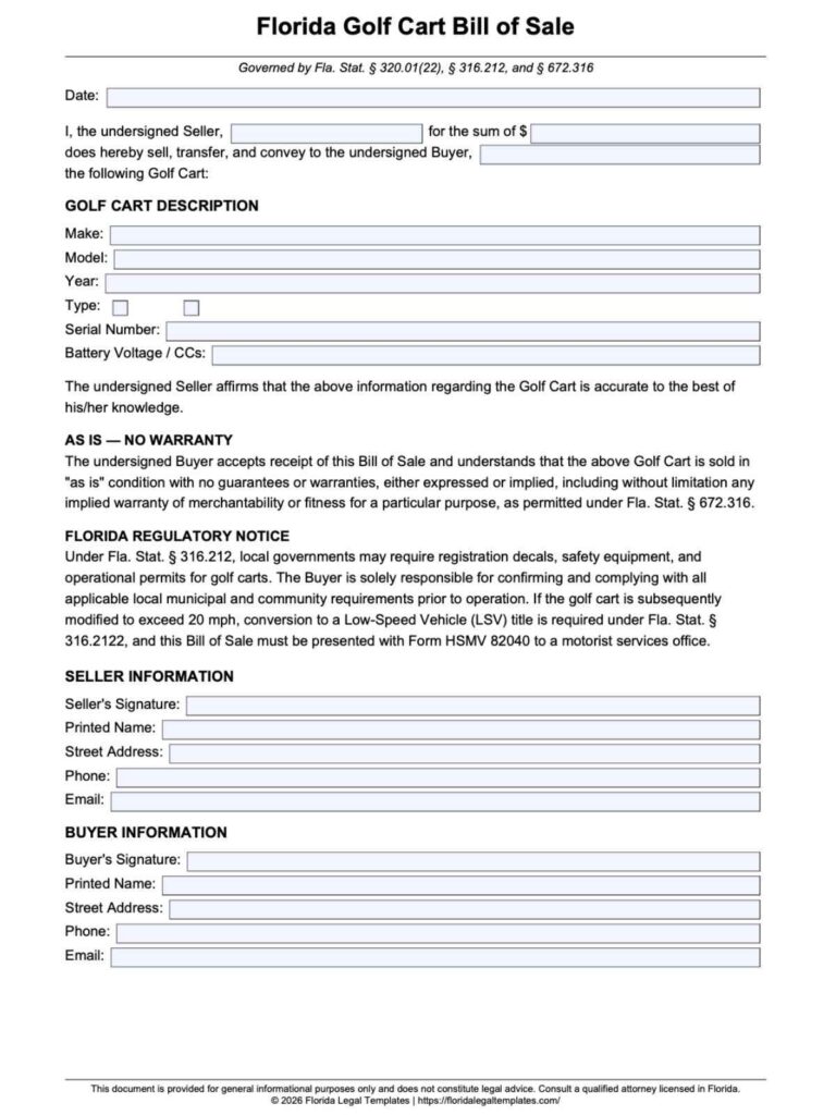 Florida Golf Cart Bill of Sale