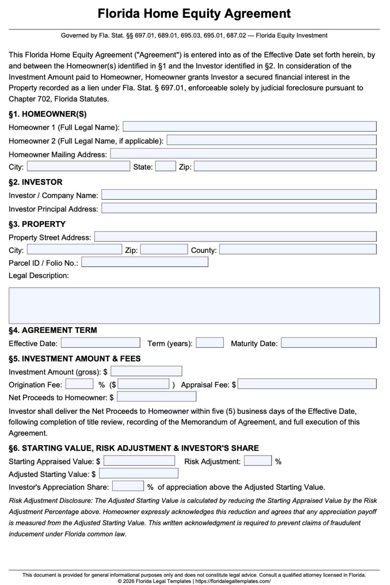 Florida Home Equity Agreement