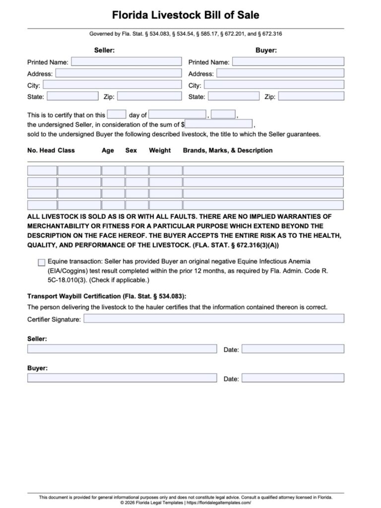 Florida Livestock Bill of Sale