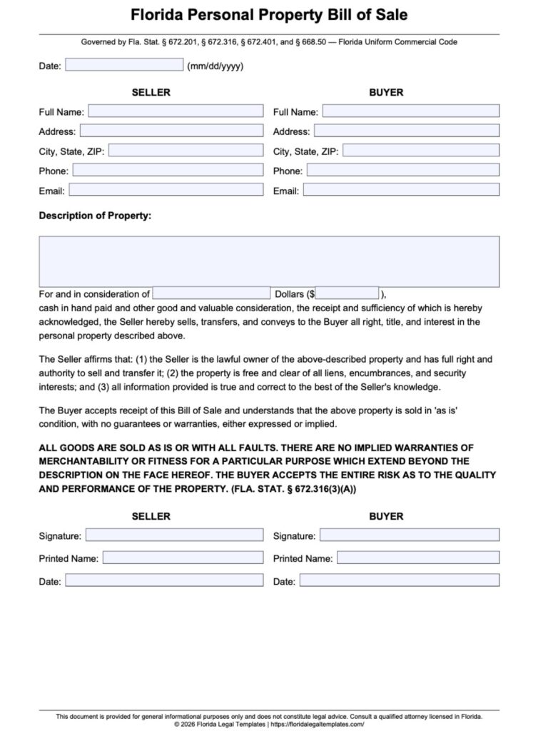 Florida Personal Property Bill of Sale