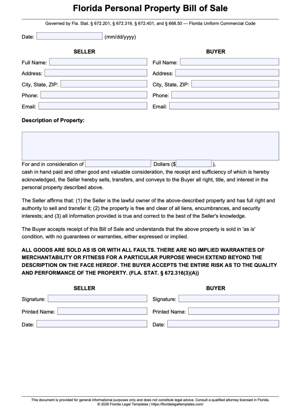 Florida Personal Property Bill of Sale