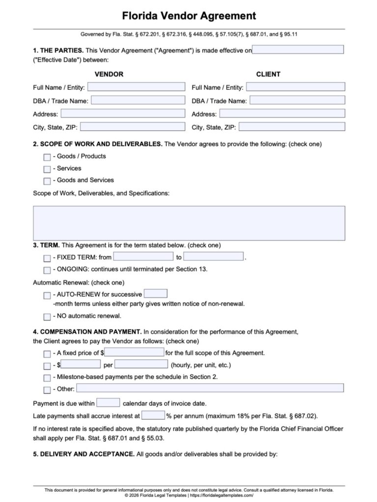 Florida Vendor Agreement