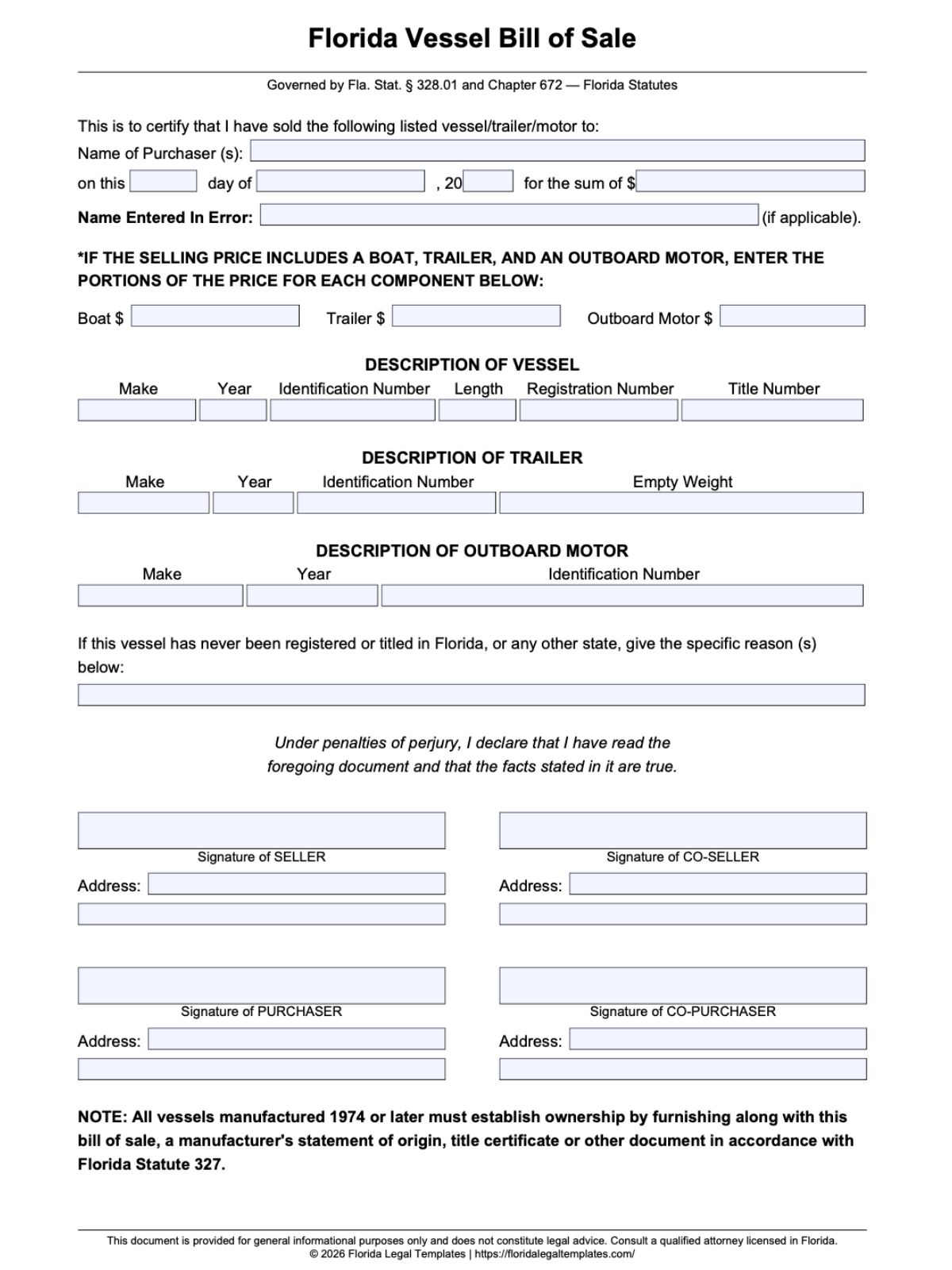 Florida Vessel Bill of Sale
