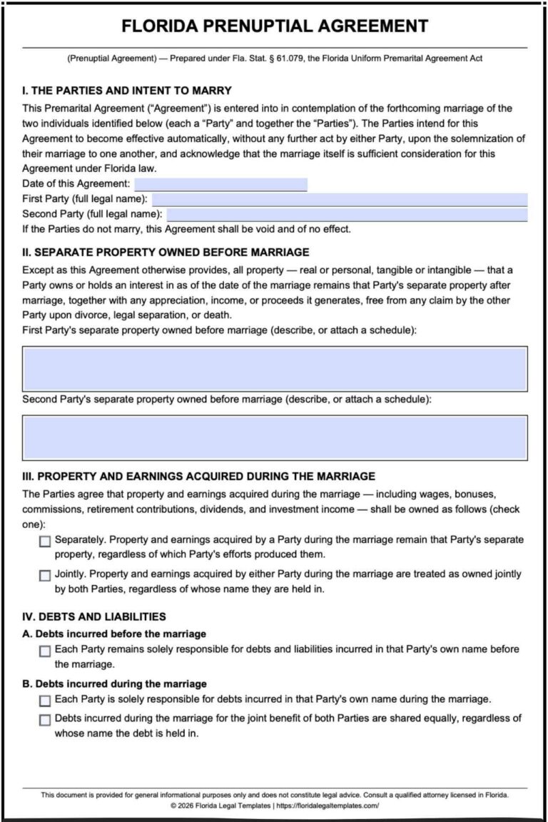 Florida Prenuptial Agreement Template